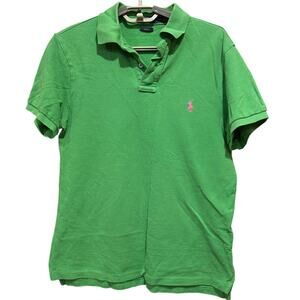Polo Ralph Lauren Boys Polo Shirt Size M Slim Fit Green with Pink Pony Logo FLAW
